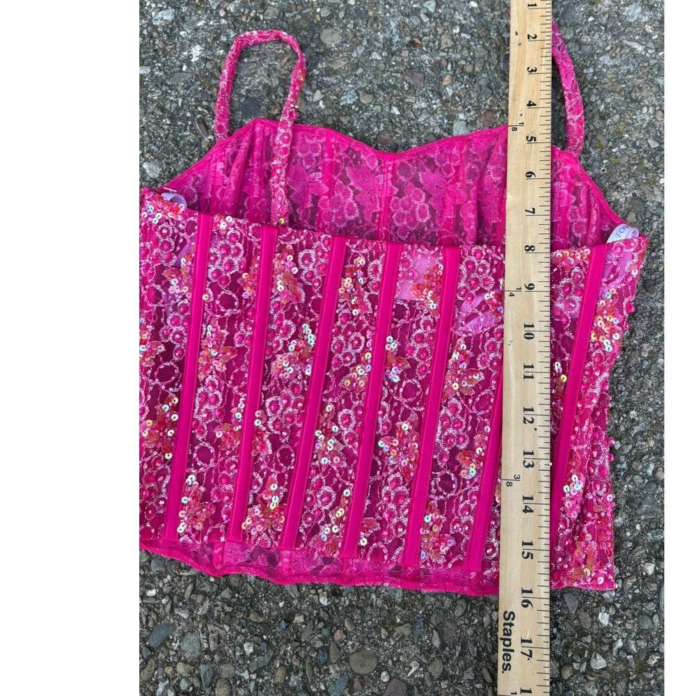Vintage Pink Sequin Corset Bustier Top Boning Spaghetti Strap Party Y2K Prom - Picture 4 of 5
